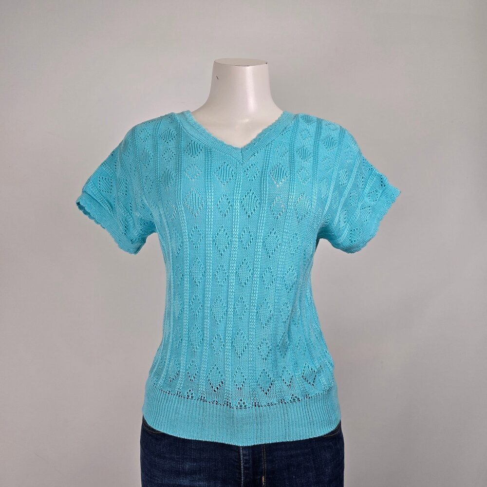 Vintage Blue Knit V-Neck Short Sleeve Sweater Size S/M